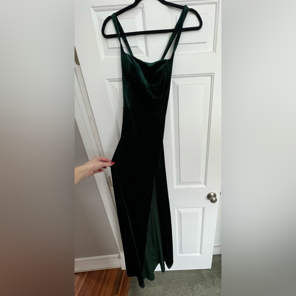 emerald green velour maxi dress with slit and tie up back